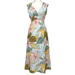 Blue Island Tropical Floral V-Neck Maxi Dress Synched Waist Cotton Blend Size S